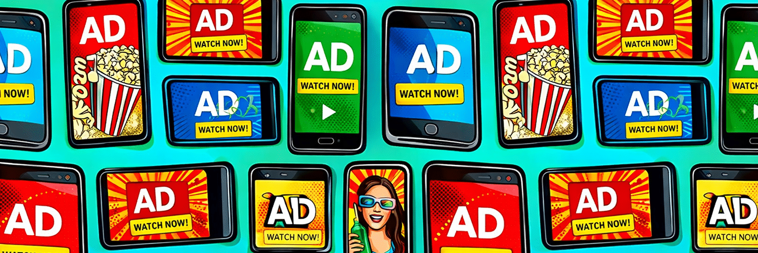 Pop art style pattern of multiple smartphones displaying colorful digital ads, with repeated bold “AD” visuals and streaming-themed graphics across a bright, vibrant background