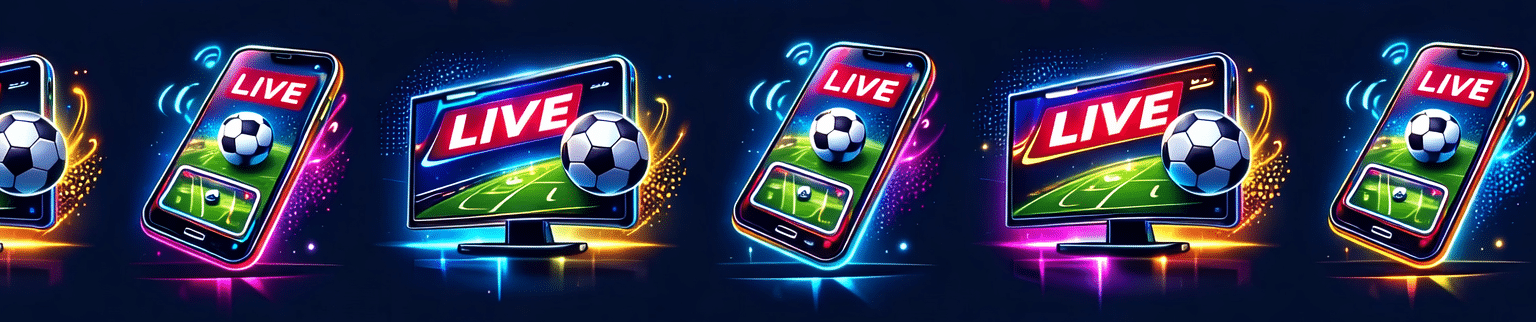 A neon-style digital illustration showing multiple smartphones and desktop screens displaying a live soccer broadcast. Each screen features a “LIVE” banner and a soccer ball over a green field, with bright glowing effects in blue, pink, and yellow against a dark background, conveying real-time sports streaming across devices.
