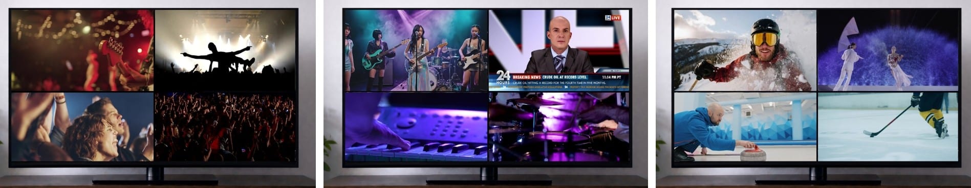 Multiview streaming display showing multiple live video feeds on a single screen, including concerts, news, and sports content viewed simultaneously.