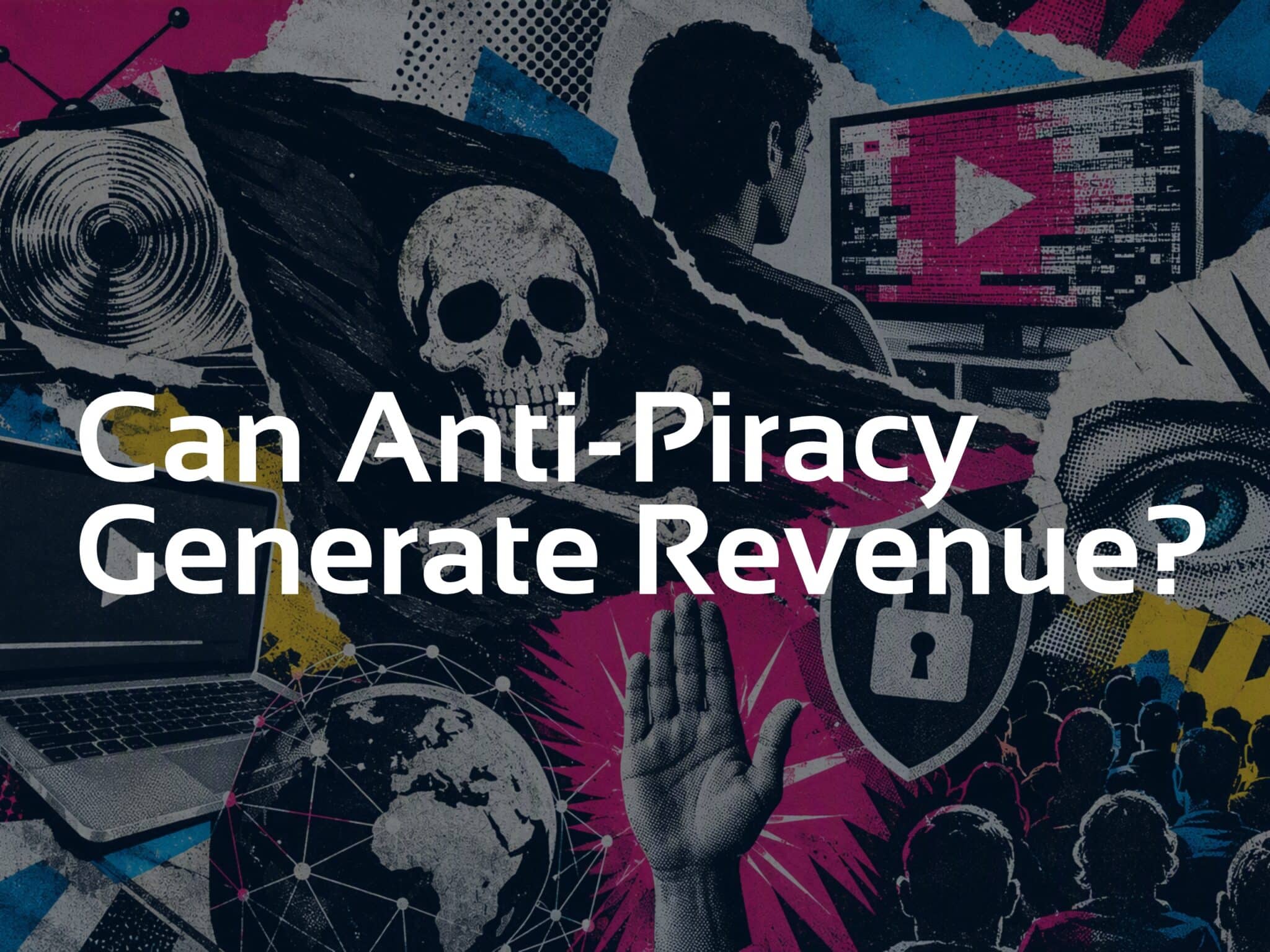 Pop-art and underground-style collage illustrating streaming piracy. A pirate flag with a skull dominates the center, surrounded by a laptop, a locked security shield, a streaming screen with visual glitches, a connected globe, an audience of viewers, and an eye symbol representing monitoring and visibility. Bold blue, pink, yellow, and black colors create a dynamic composition that contrasts illegal streaming activities with content protection and audience engagement. Fournissez vos commentaires sur BizChat Make alt text more detailedExplain how to write effective alt text ToutContactsContactsFichiersFichiersRéunionsRéunionsE-mailsE-mailsConversationsConversationsCanauxCanauxSitesSitesAutreAutre