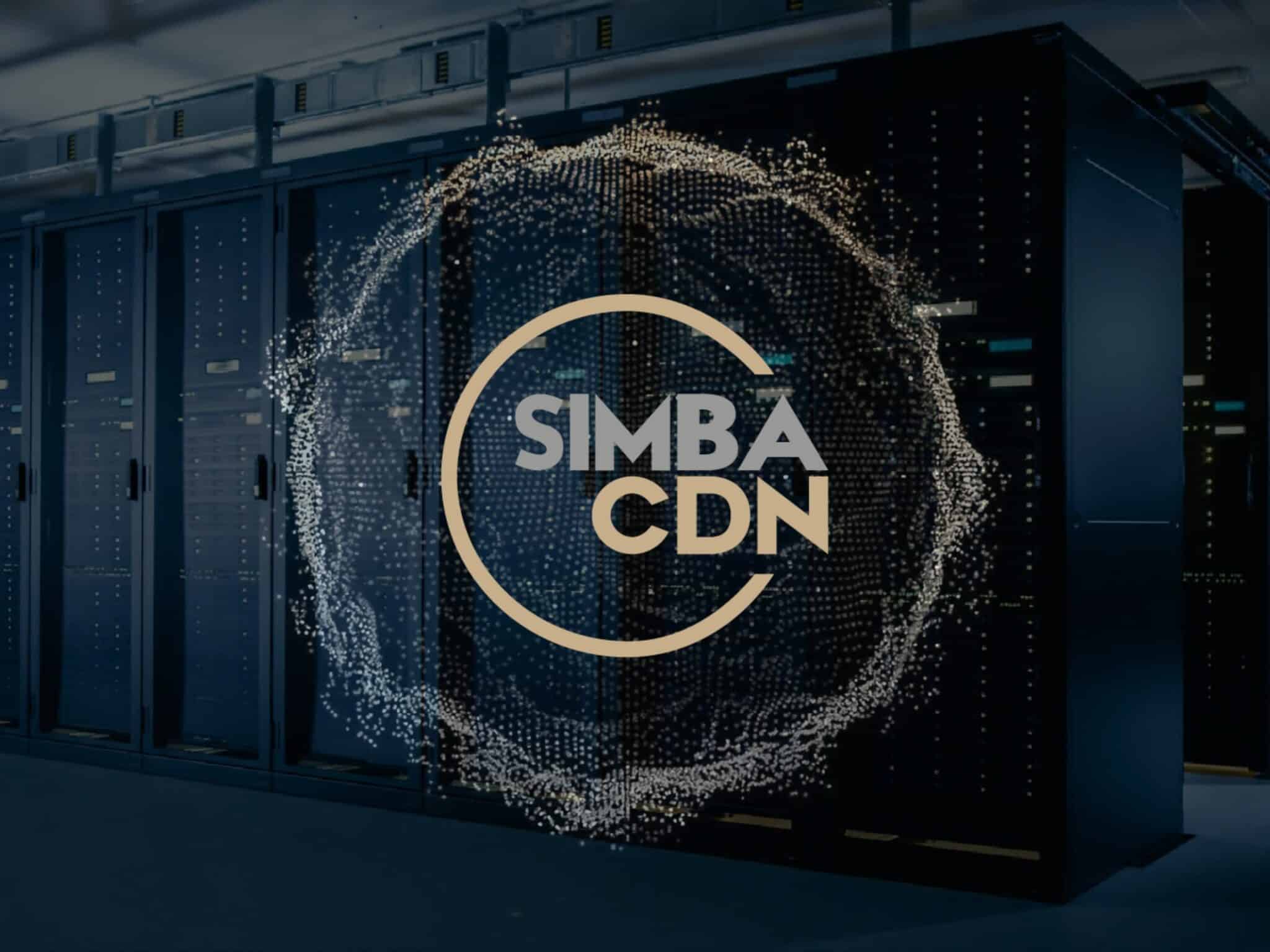 A dark blue data center with rows of server racks, overlaid by a glowing digital sphere and the SIMBA CDN logo in the center.