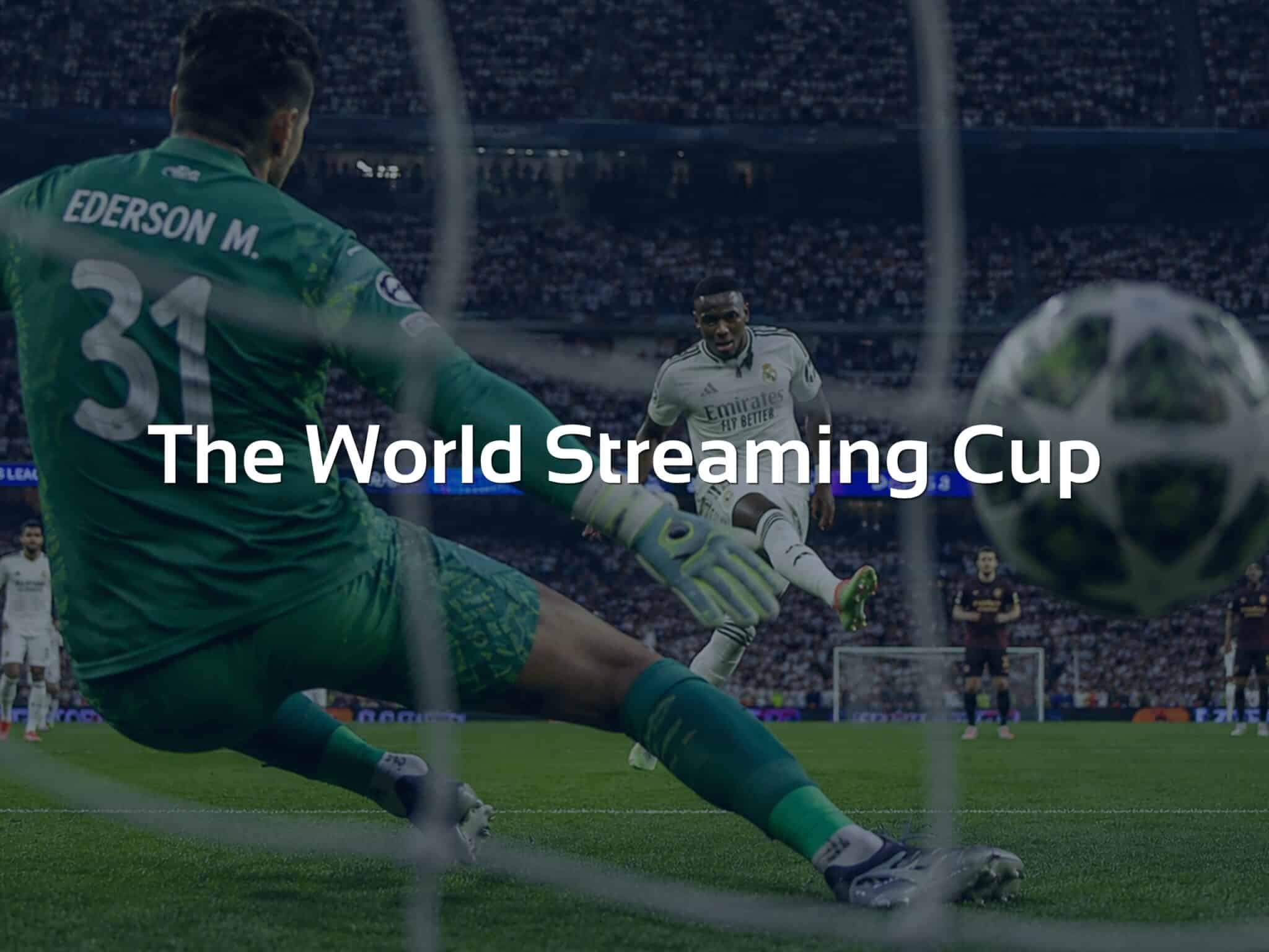 Hero image for an article about live sports streaming. The image shows a football stadium during a match, viewed from behind the goal. A player is taking a shot while a goalkeeper attempts a save in the foreground. The title “The World Streaming Cup:” appears prominently across the center. The image is used to illustrate the growing role of streaming in the delivery and viewing of major live sports events.