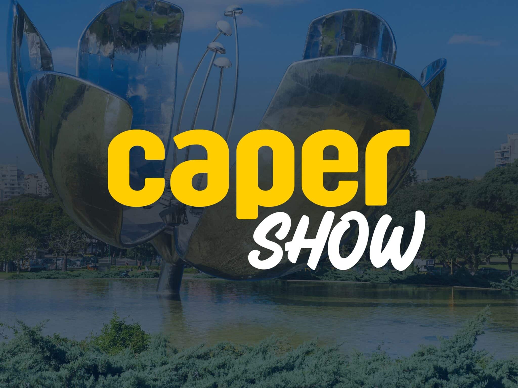 CAPER Show 2026 logo over the Floralis Genérica landmark in Buenos Aires, Argentina. The professional audiovisual technology and entertainment industry event takes place October 7–9, 2026, at BA Ferial CAPER SHOW