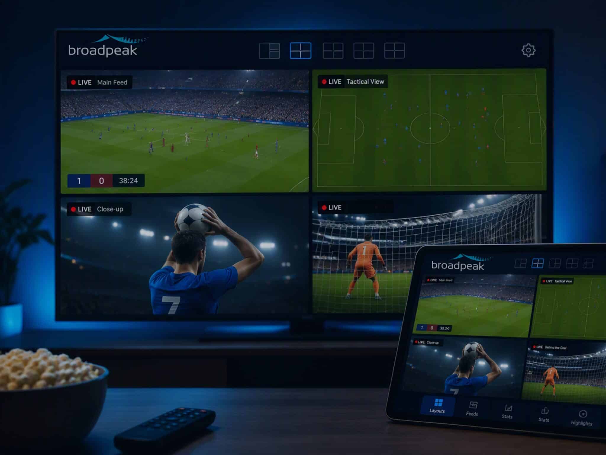 Broadpeak Multiview as a Service displayed on a connected TV and tablet, showing four simultaneous live sports feeds, including the main match view, tactical view, close-up camera angle, and behind-the-goal view, enabling personalized multiscreen streaming experiences.