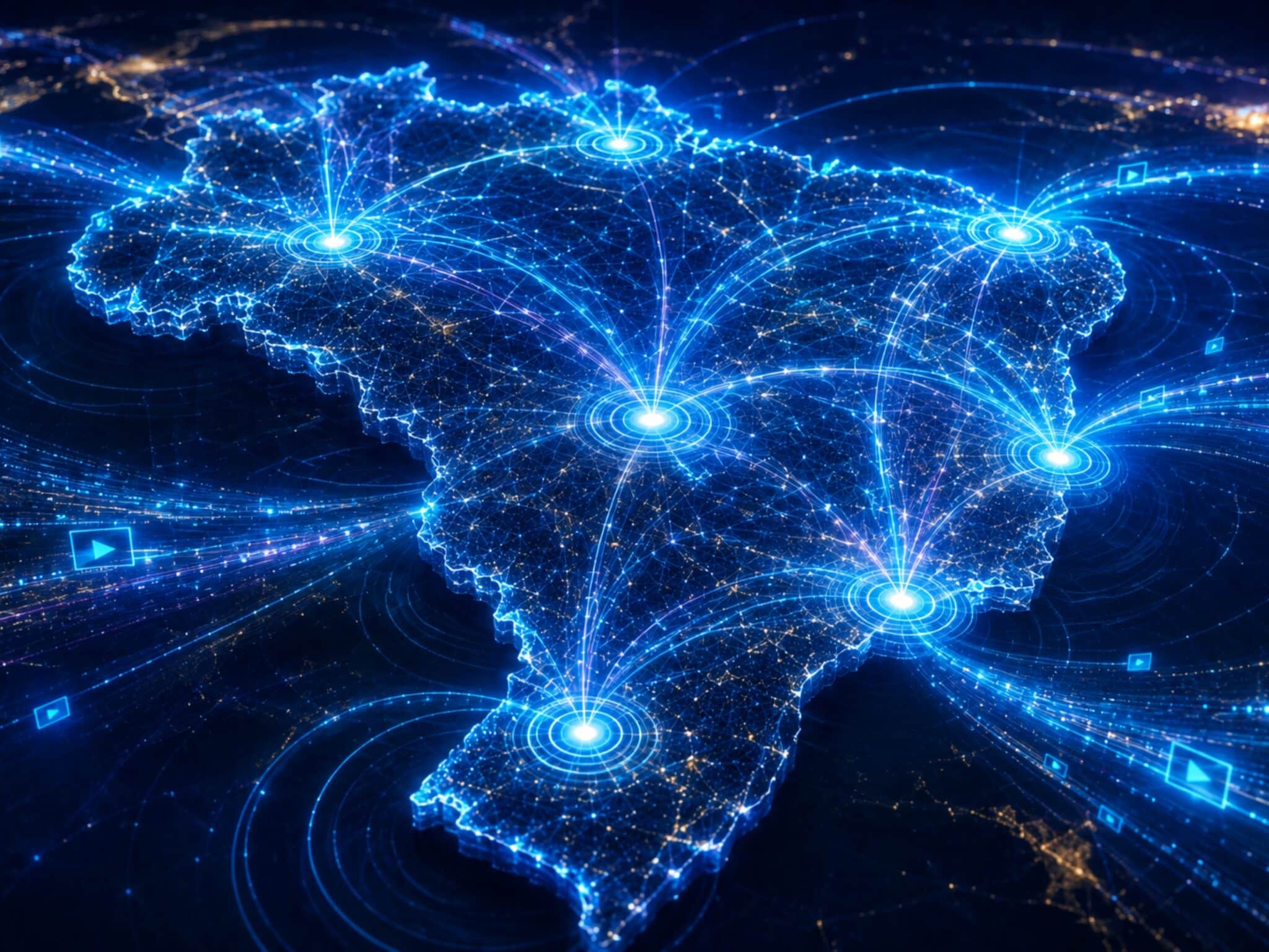 Futuristic digital map of Brazil illuminated with interconnected blue and cyan network nodes, featuring seven glowing hubs linked by flowing data streams and radiating delivery waves to represent HyperPoPs in Brazil, CDN infrastructure, low-latency connectivity, and video streaming traffic.
